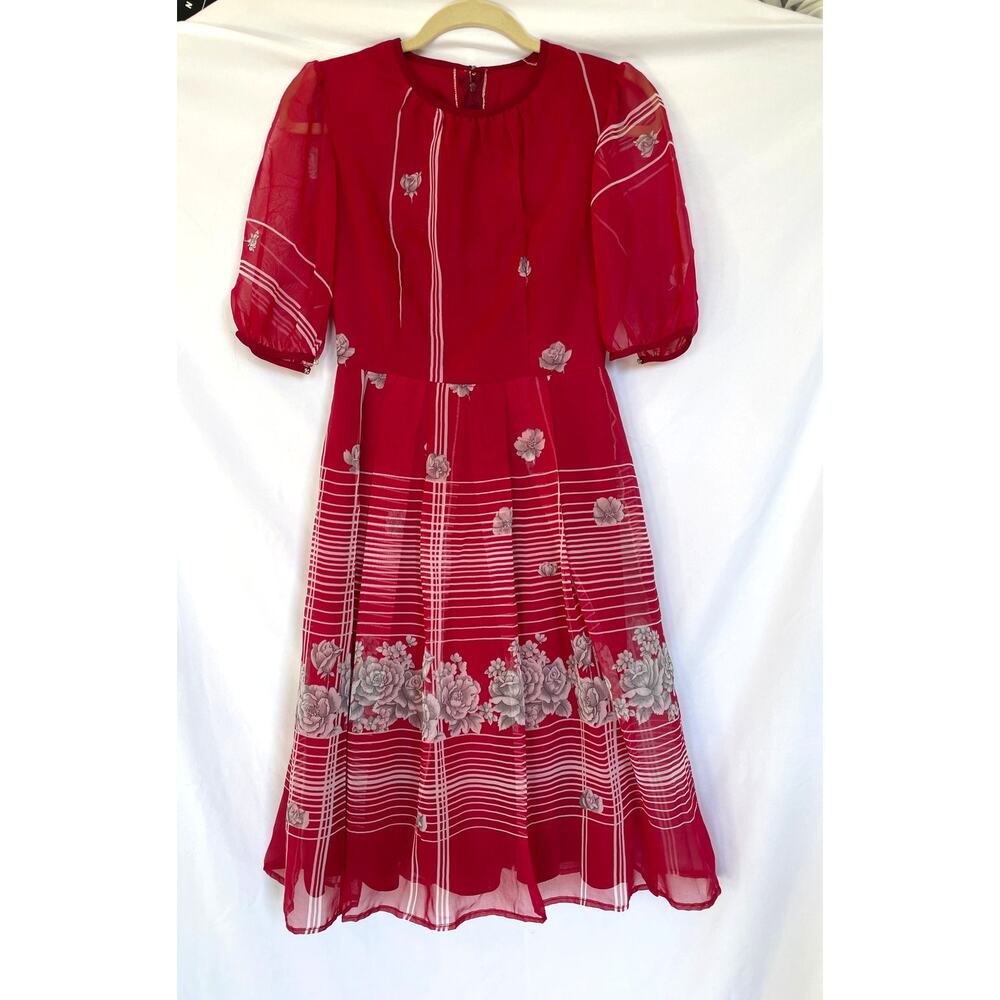 Vintage Retro 70s 80s Gauzy Red Floral Stripe Dress, XS